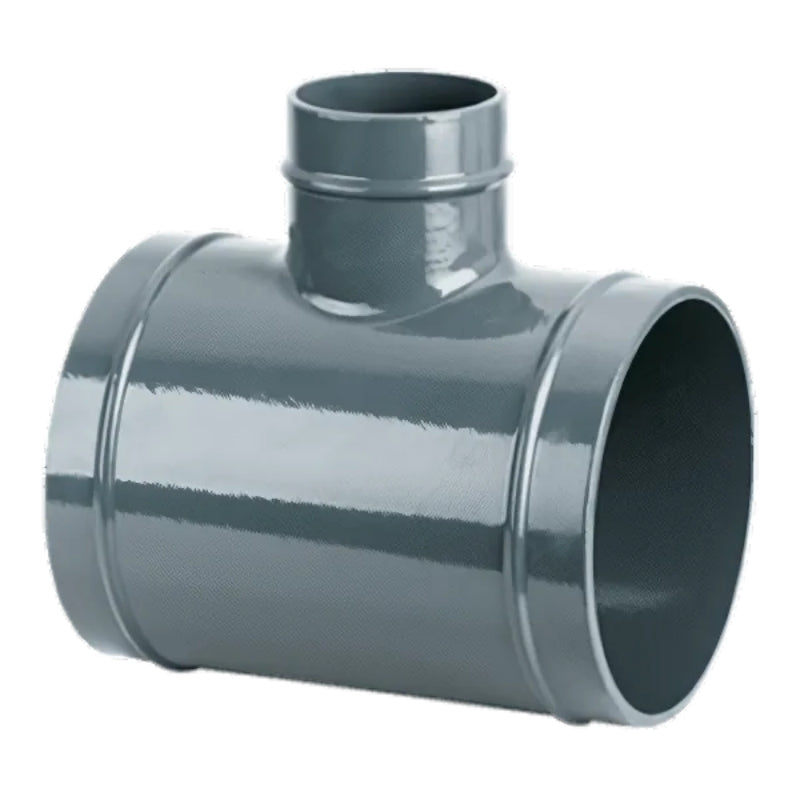 Grey Airpipe Aluminium Reducing Tee, plumbing pipe fitting and support on a white background 