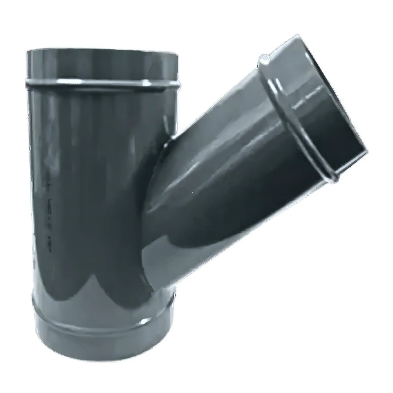 Grey Airpipe 45° Angle Lateral Tee Pipe Connector Fitting and Support, on a white background  