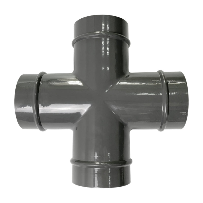 Grey Airpipe Aluminium Equal Cross, plumbing pipe connector fitting and support on a white background 