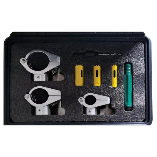 Black Airpipe Toolkit Case containing different tools of different colours, on a white background 