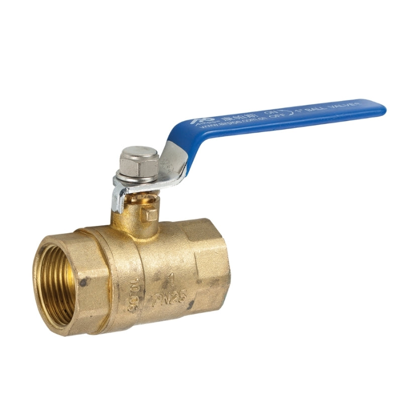 Gold Airpipe Brass Valve with Double Female Thread with Blue Handle, plumbing fitting and support, on a white background 