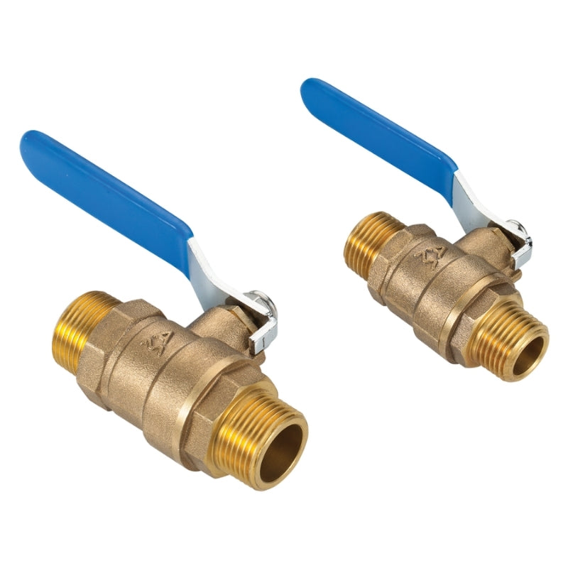 Gold Airpipe Brass Valve with Double Male Thread with Blue Handle, plumbing fitting and support, on a white background 