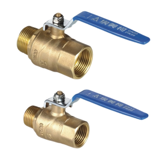 Gold Airpipe Brass Valve with Female to Male Thread with Blue Handle, plumbing fitting and support, on a white background 