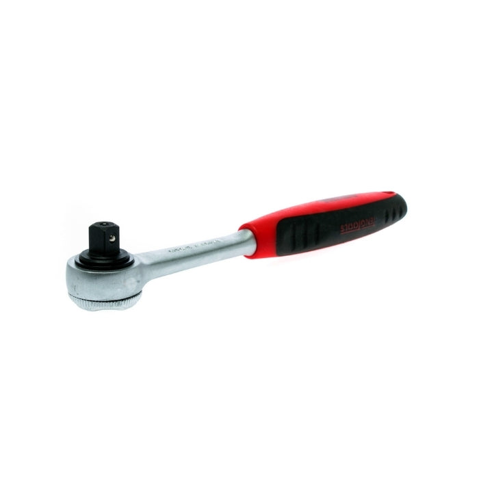 Silver Teng Tools Ratchet with red and black handle, bare tool on a white background