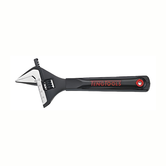Black Teng Tools Adjustable Wrench, red logo on the side, bare tool on a white background