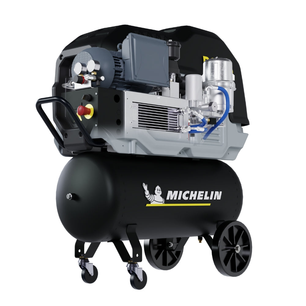 Black Michelin air compressor on wheels with logo on the side on a white background