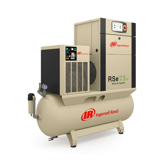Large beige Ingersoll Rand air compressor with red logo on the side on a white background