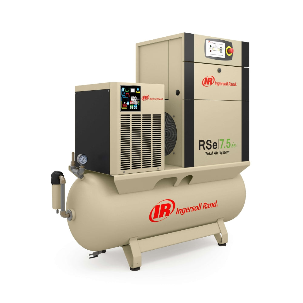 Large beige Ingersoll Rand air compressor with red logo on the side on a white background