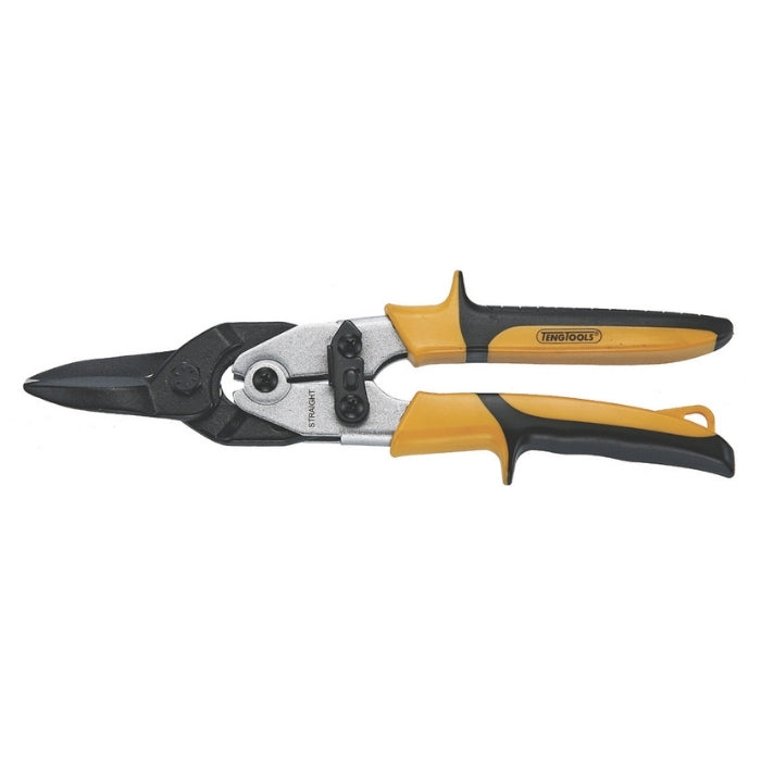Teng Tools Tin Snips with yellow and black handle, blades are straight central, on a white background