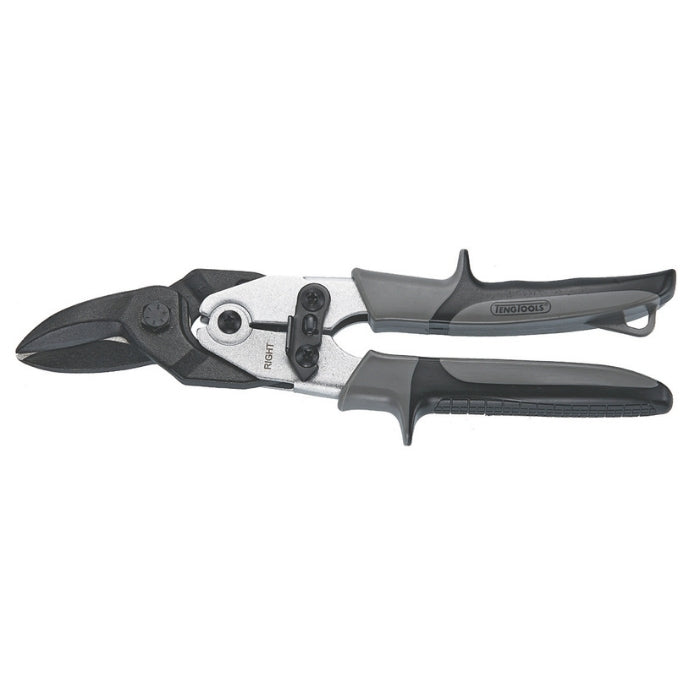 Teng Tools Tin Snips with grey and black handle, blades are straight right, on a white background
