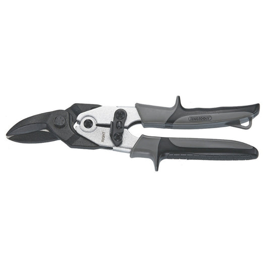 Teng Tools Tin Snips with grey and black handle, blades are straight right, 