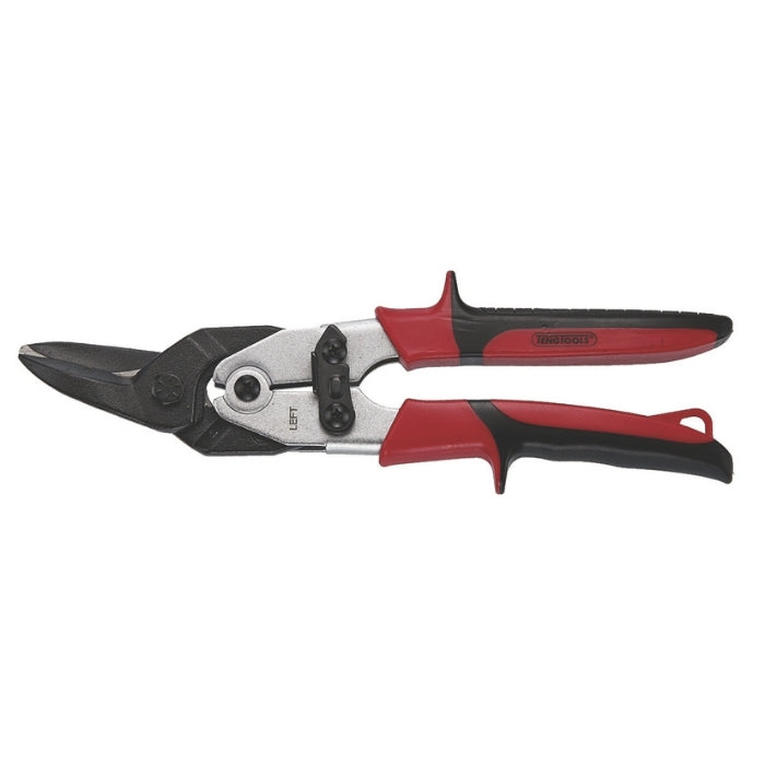 Teng Tools Tin Snips with red and black handle, blades are straight left, on a white background
