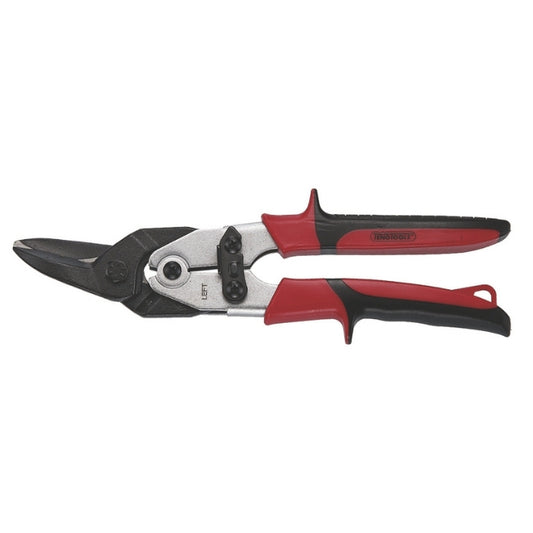 Teng Tools Tin Snips with red and black handle, blades are straight left, 