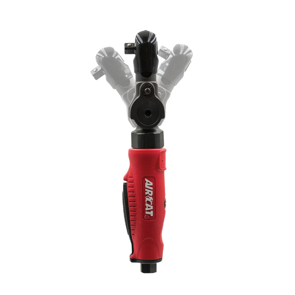 Black and red ratchet showcasing a movable head on a white background