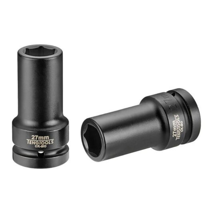 Black Teng Tools 1" in Deep Thinwall Impact Socket, two sockets are shown in the photo, both with engravings of the details on the side, on a white background