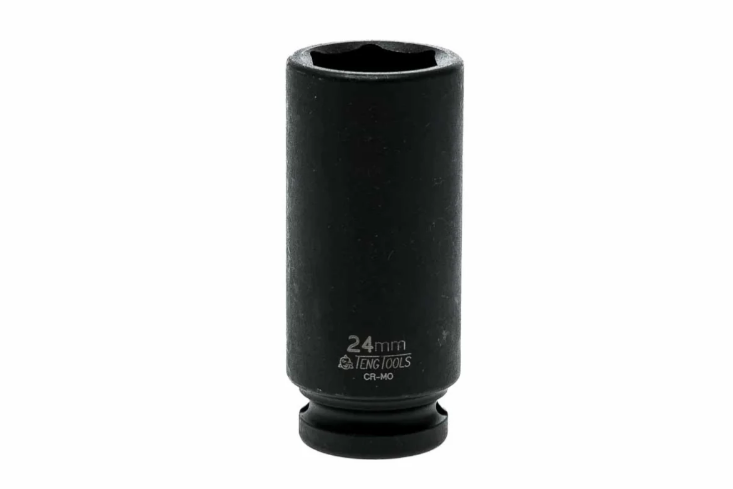 Black Teng Tools 1/2" Deep Impact Socket with engraving of tool details on the side, bare tool on a white background