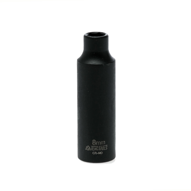 Black Teng Tools 3/8" Deep Impact Socket with engraving of tool details on the side, bare tool on a white background