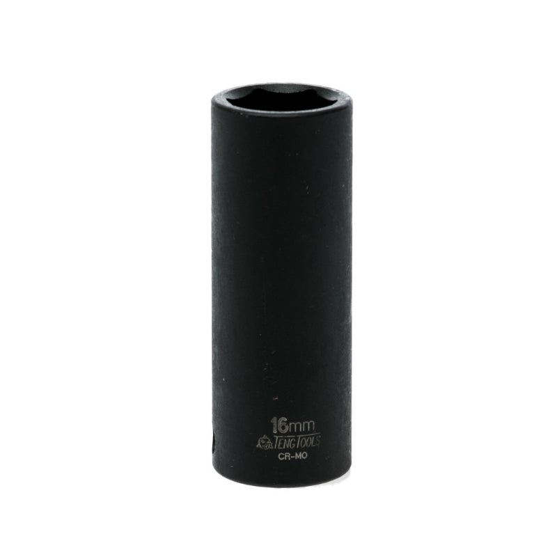 Black Teng Tools 3/8" Deep Impact Socket with engraving of tool details on the side, bare tool on a white background