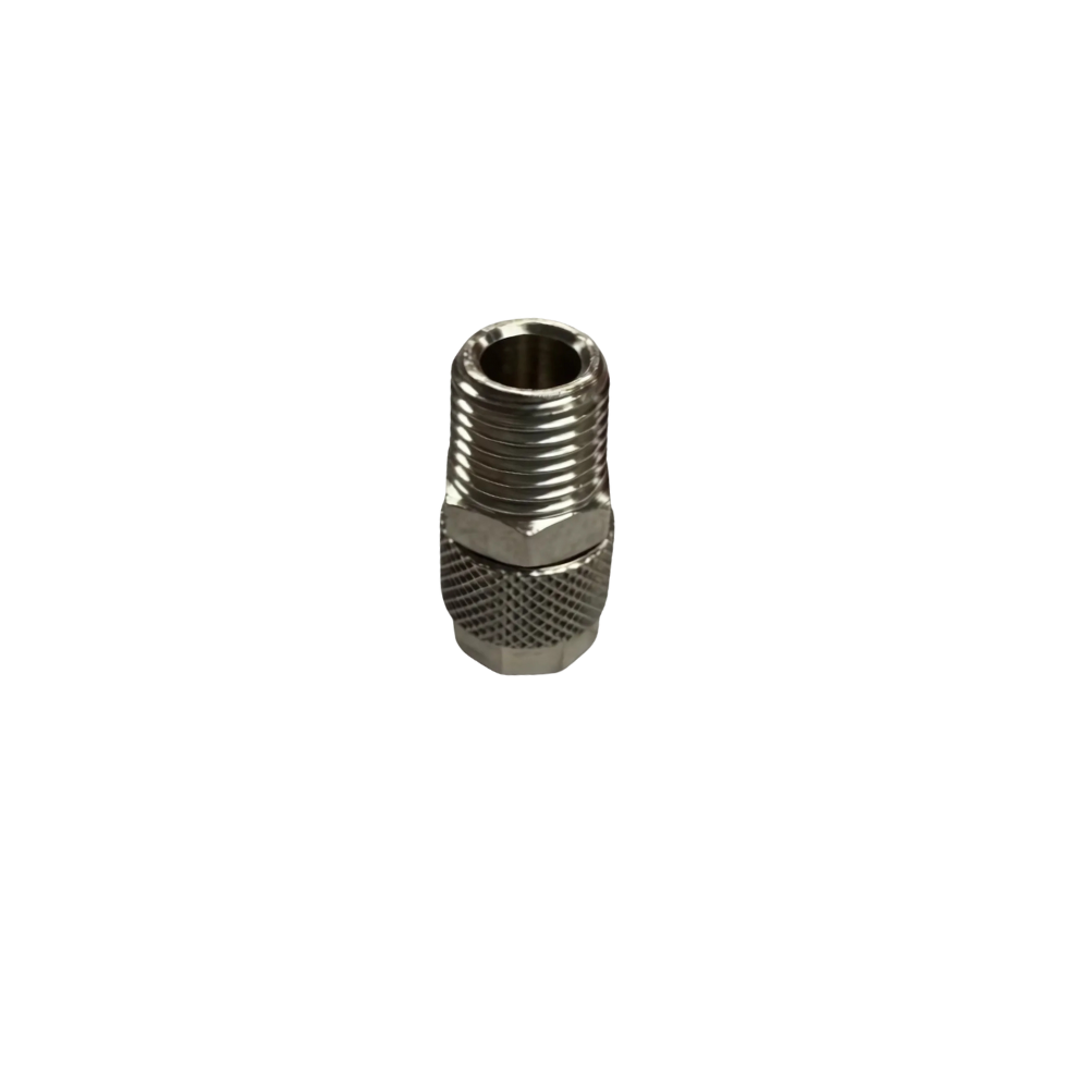 Silver Nickel Male Threaded Adaptor Fitting on a white background