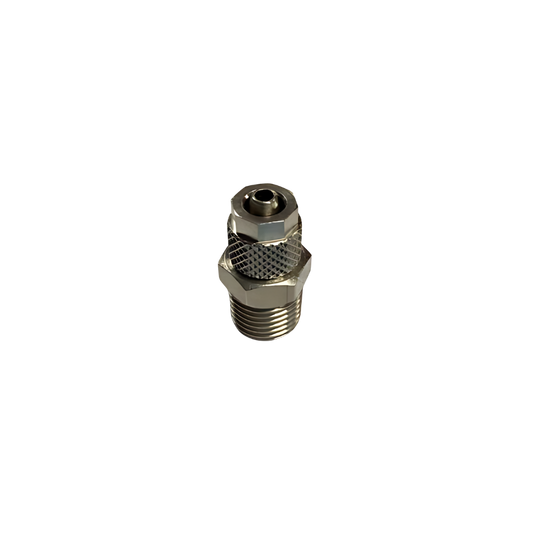 Silver Nickel Male Threaded Adaptor Fitting on a white background
