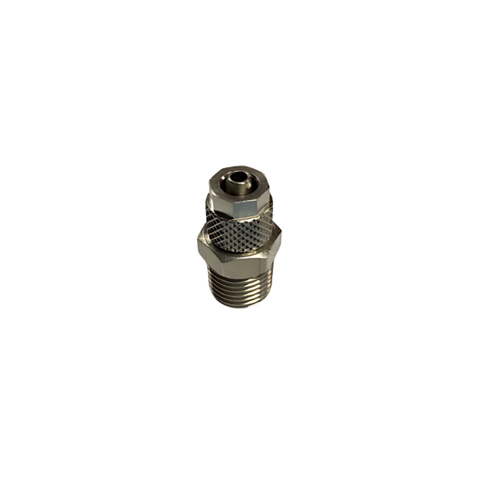 Silver Nickel Male Threaded Adaptor Fitting on a white background