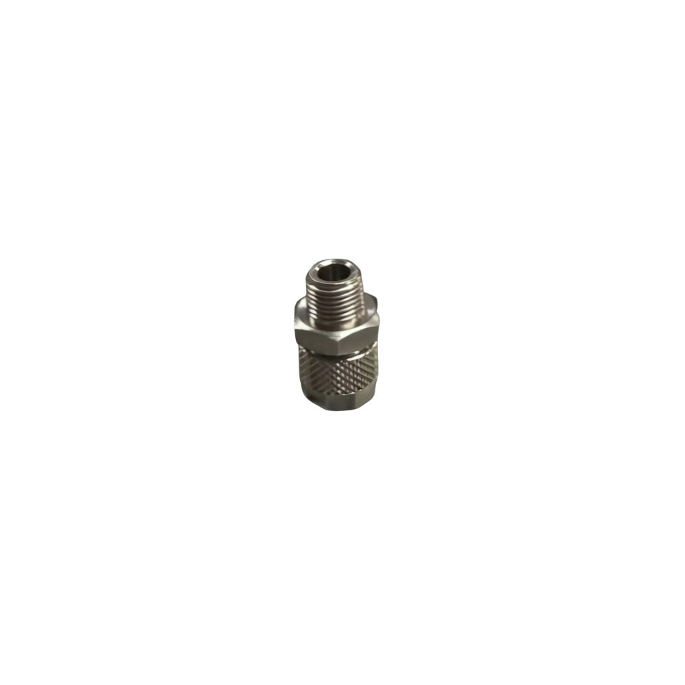 Silver Nickel Male Threaded Adaptor Fitting on a white background