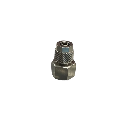 Silver Nickel Female Threaded Adaptor Fitting on a white background