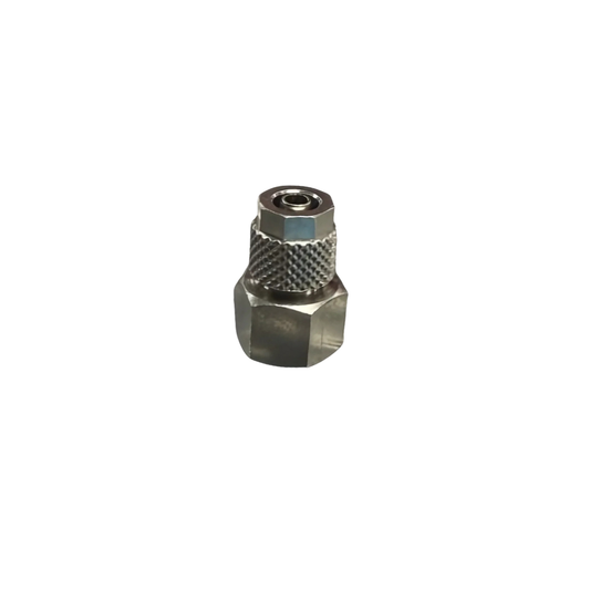 Silver Nickel Female Threaded Adaptor Fitting on a white background