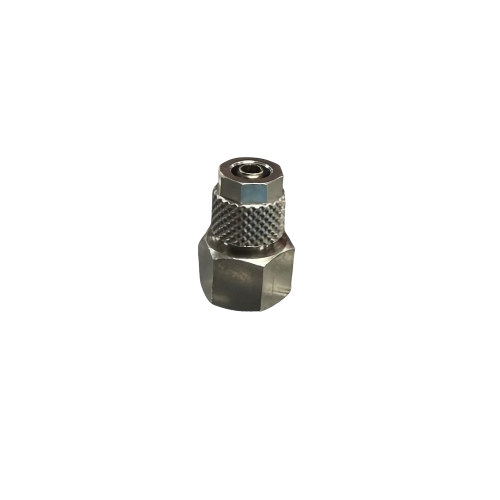 Silver Nickel Female Threaded Adaptor Fitting on a white background