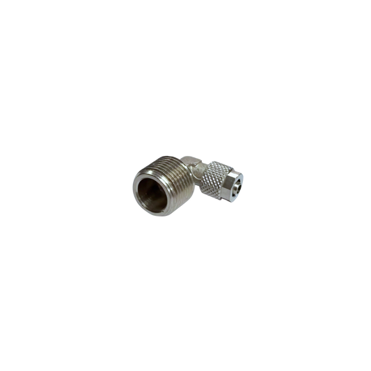 Silver Nickel Male Threaded Elbow Fitting on a white background