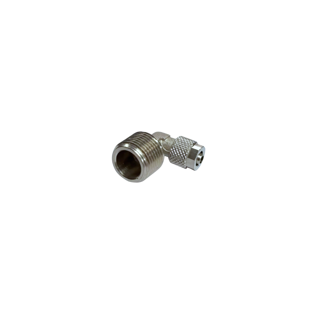 Silver Nickel Male Threaded Elbow Fitting on a white background