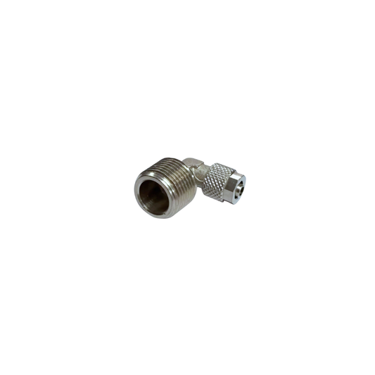 Silver Nickel Male Threaded Elbow Fitting on a white background