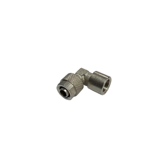 Silver Nickel Female Threaded Elbow Fitting on a white background