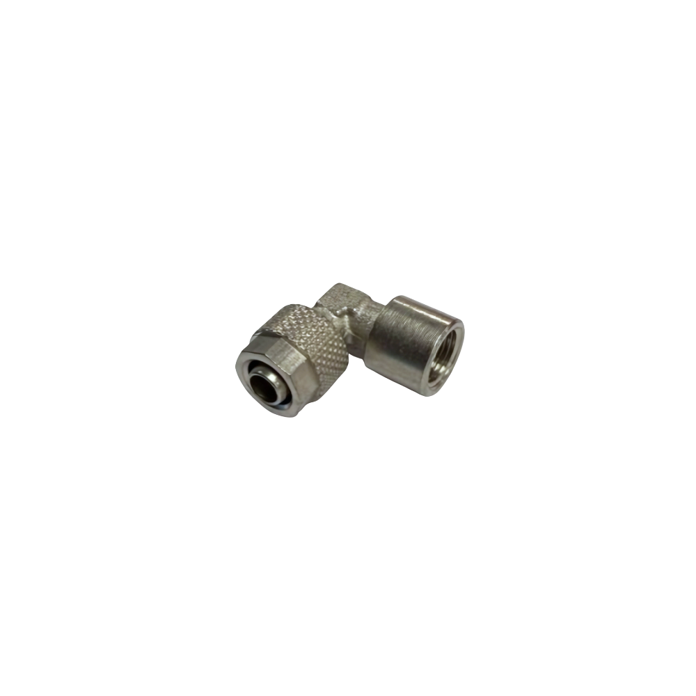 Silver Nickel Female Threaded Elbow Fitting on a white background