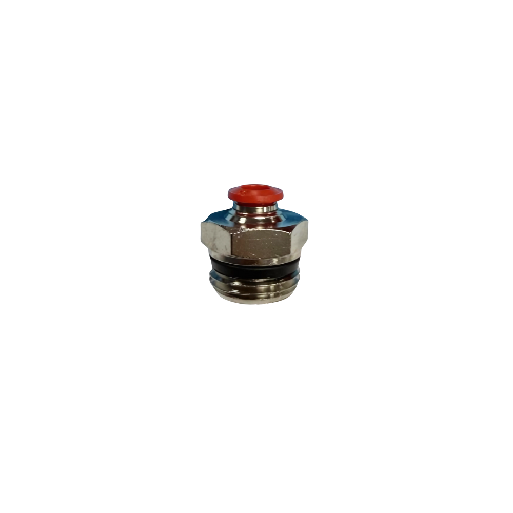 Silver Nickel Male Threaded Push On Fitting with plastic sleeve on a white background
