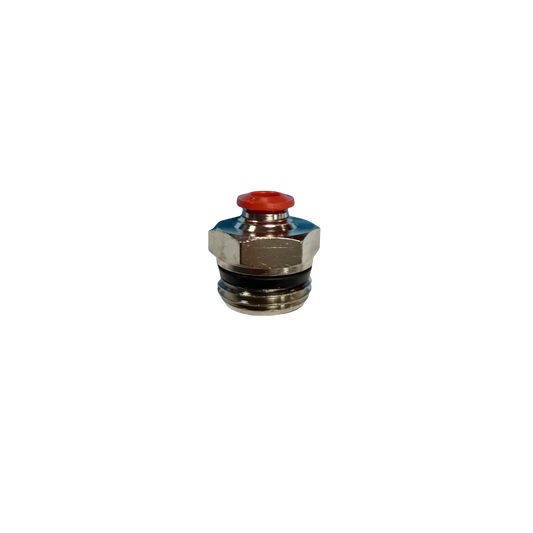 Silver Nickel Male Threaded Push On Fitting with plastic sleeve on a white background