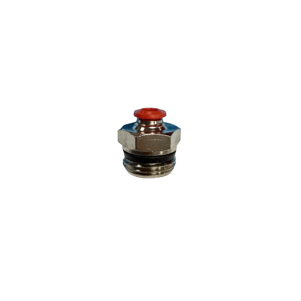 Silver Nickel Male Threaded Push On Fitting with plastic sleeve on a white background