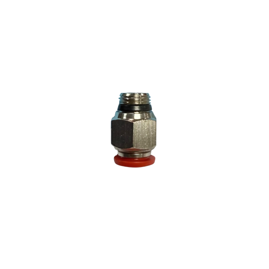 Silver Nickel Male Threaded Push On Fitting with plastic sleeve on a white background