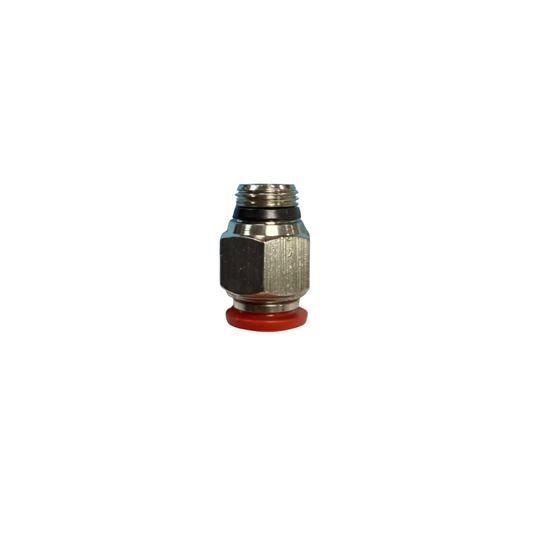 Silver Nickel Male Threaded Push On Fitting with plastic sleeve on a white background