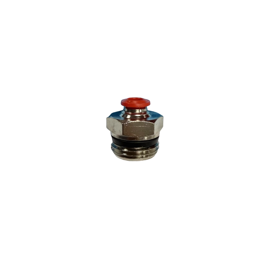 Silver Nickel Male Threaded Push On Fitting with plastic sleeve on a white background