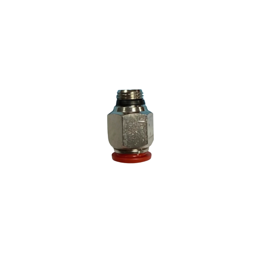 Silver Nickel Male Threaded Push On Fitting with plastic sleeve on a white background