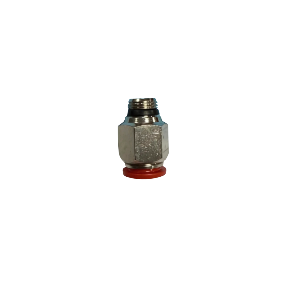 Silver Nickel Male Threaded Push On Fitting with plastic sleeve on a white background
