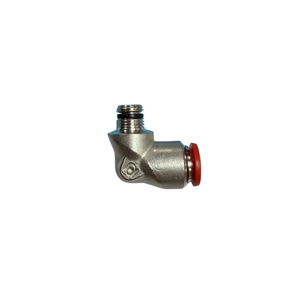 Silver Nickel Male Threaded Push On Elbow Fitting with plastic sleeve on a white background