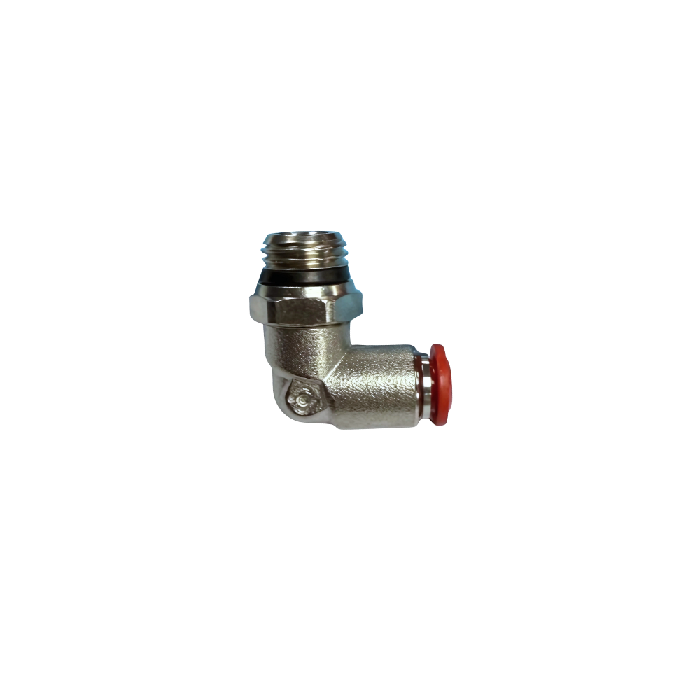 Silver Nickel Male Threaded Push On Elbow Fitting with plastic sleeve on a white background