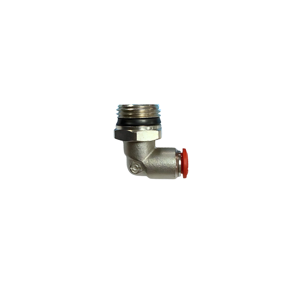 Silver Nickel Male Threaded Push On Elbow Fitting with plastic sleeve on a white background