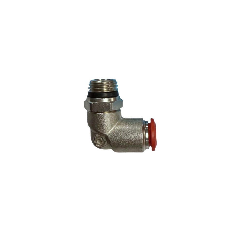 Silver Nickel Male Threaded Push On Elbow Fitting with plastic sleeve on a white background