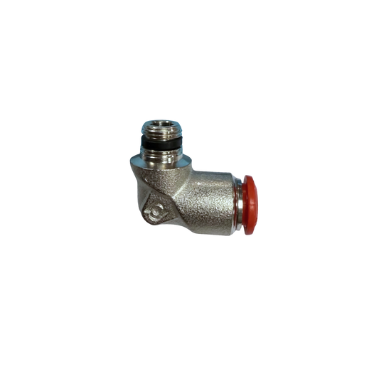 Silver Nickel Male Threaded Push On Elbow Fitting with plastic sleeve on a white background