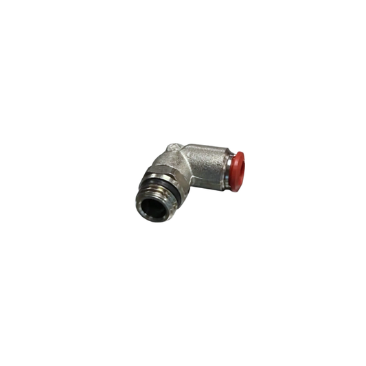 Silver Nickel Male Threaded Push On Elbow Fitting with plastic sleeve on a white background