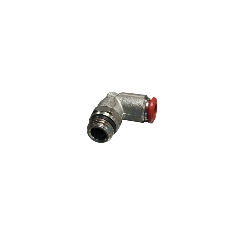 Silver Nickel Male Threaded Push On Elbow Fitting with plastic sleeve on a white background