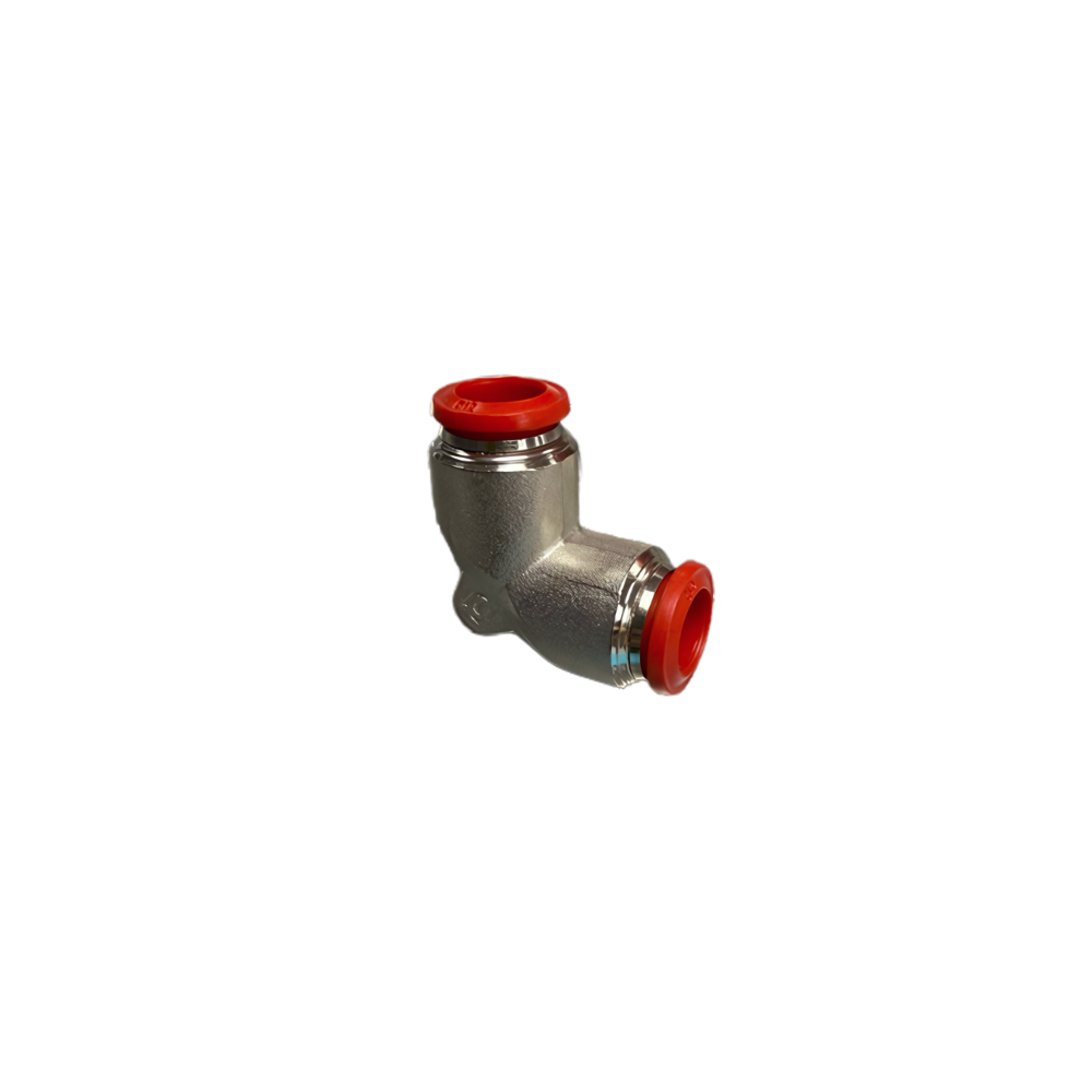 Silver Nickel Push On Elbow Fitting with plastic sleeve on a white background